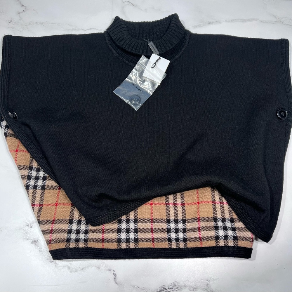 Burberry Beatrix Check Print Black Cape Top Poncho Sweater